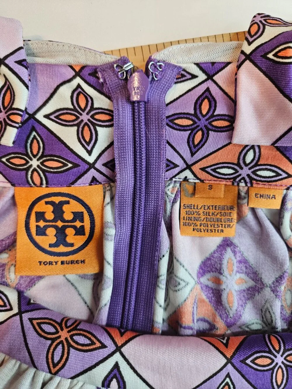 Tory Burch Geometric Silk Maxi Dress Purple Women's Size S Preppy Boho Summer